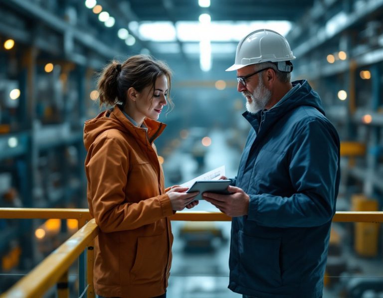 Due professionisti confrontano un documento su tablet in un reparto produttivo