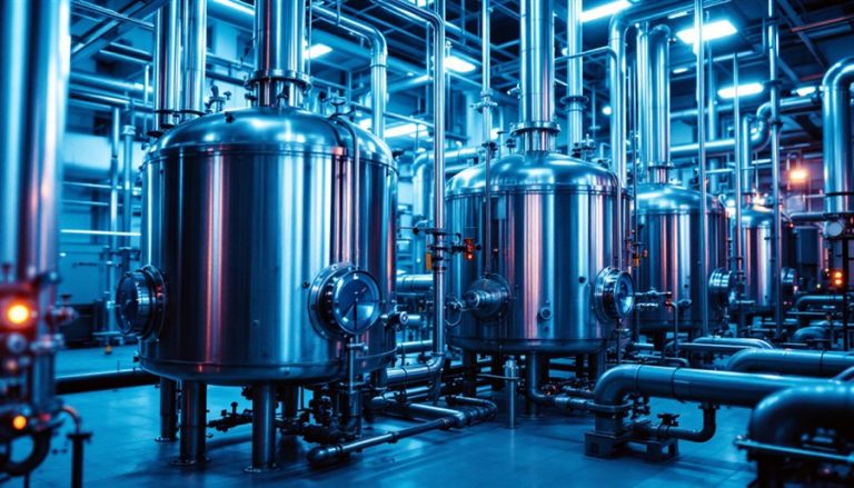 Reattori in acciaio inox e tubazioni di processo in un impianto chimico