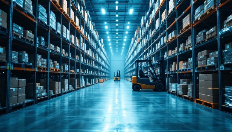 Interno di un magazzino logistico con scaffalature e carrello elevatore