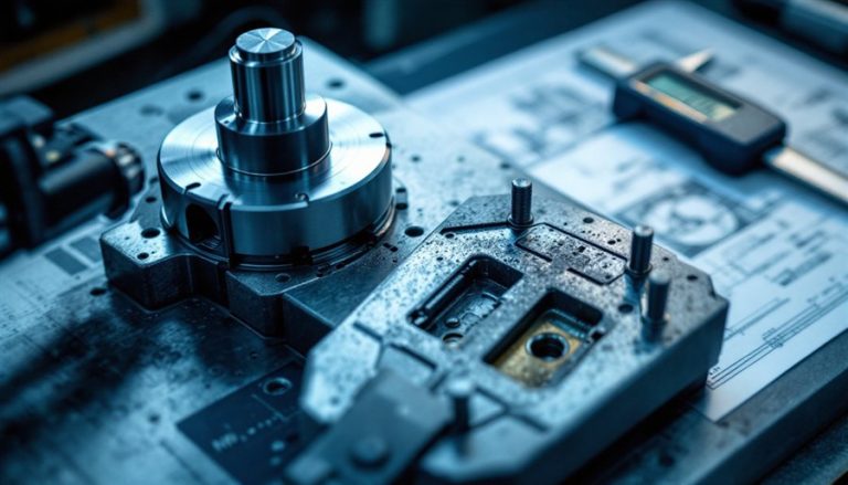 Componente meccanico lavorato con calibro digitale e disegno tecnico