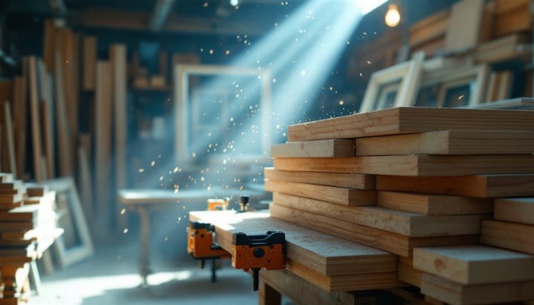 Tavole di legno e serramenti finiti in una falegnameria