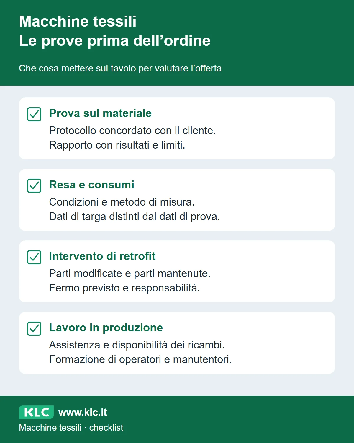 Lista delle prove per valutare una macchina tessile o un retrofit: prova sul materiale, dati di resa, intervento e supporto in produzione.