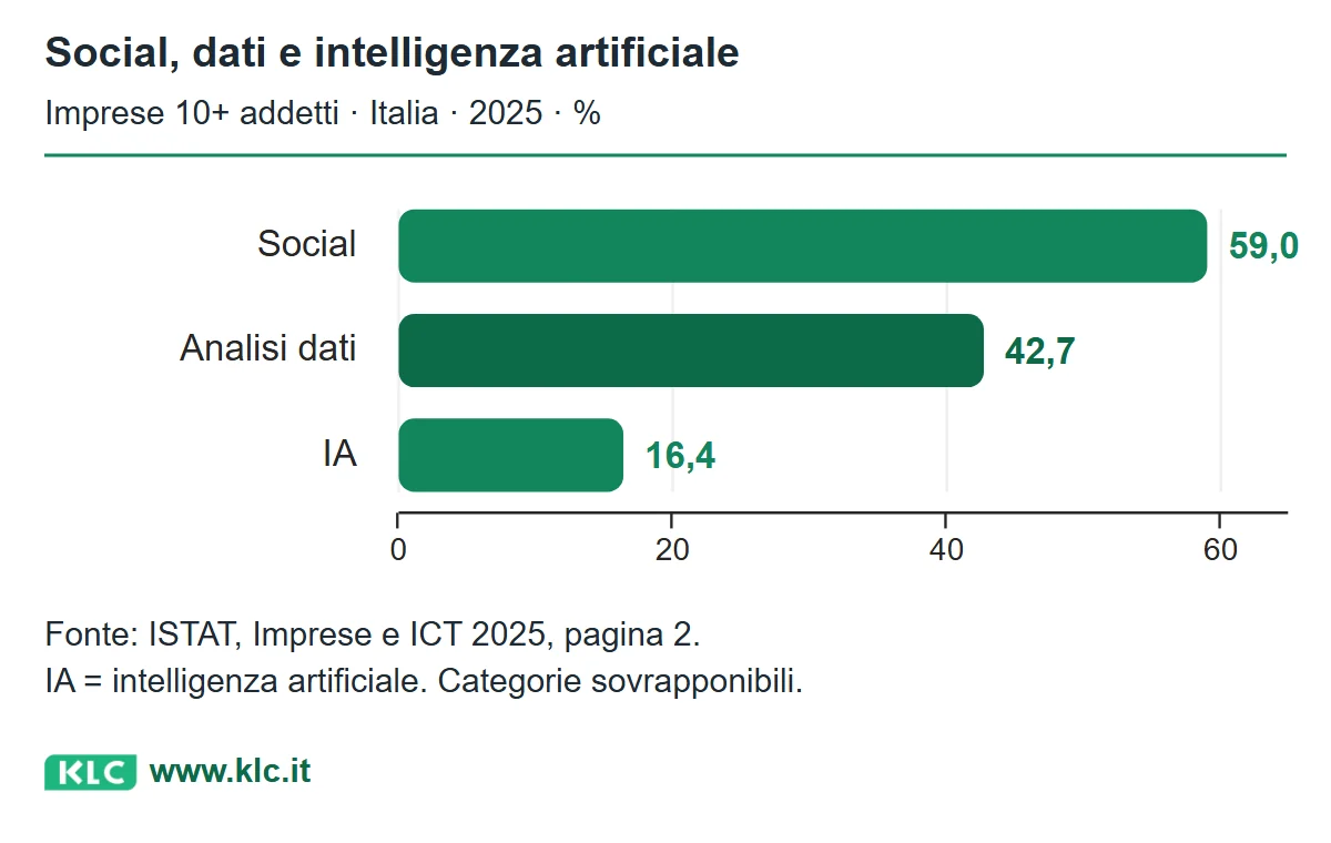 Nel 2025 usa i social il 59,0% delle imprese osservate, analizza dati il 42,7% e usa intelligenza artificiale il 16,4%. Italia, imprese con almeno 10 addetti.