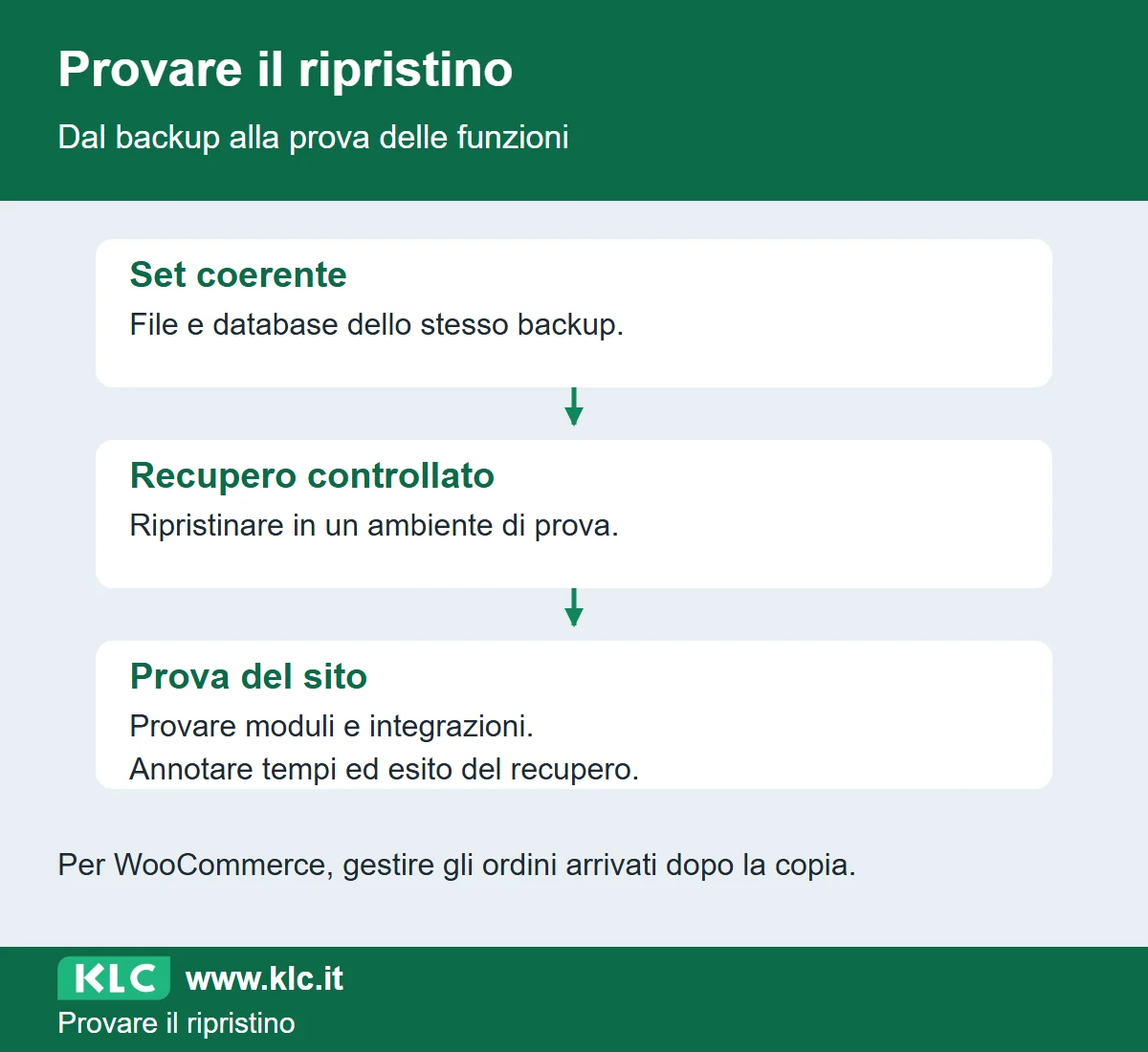 Dal set coerente di file e database al recupero in ambiente controllato, fino alla prova di moduli e integrazioni e al resoconto dei tempi.